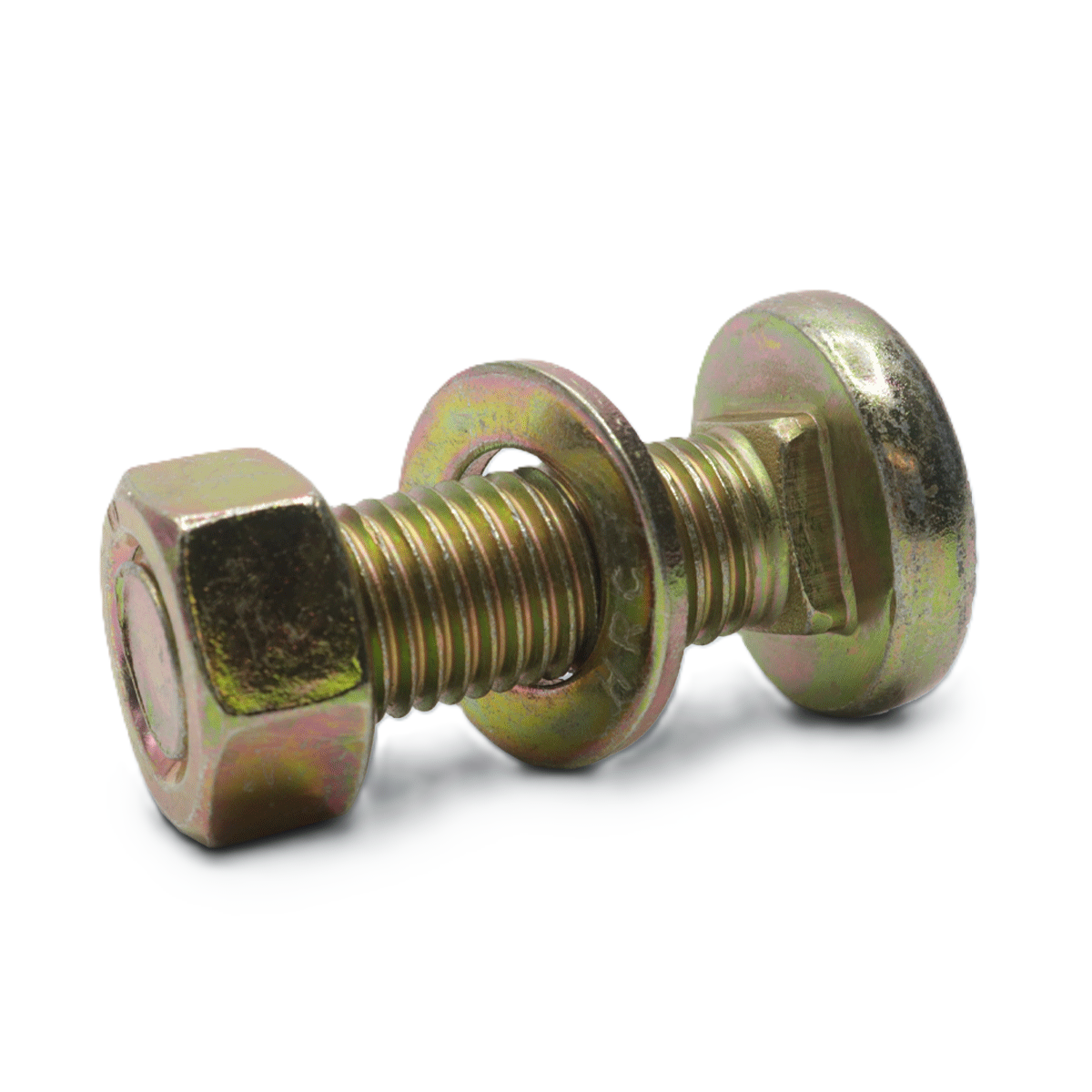 M16-2.00 X 50 SQ NECK RND HEAD BOLT GR.10.9 W HARDENED NUT &amp; FW ZINC/YELLOW, 100/CTN - 4800/PALLET